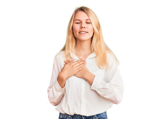 Young beautiful blonde woman wearing casual shirt smiling with hands on chest with closed eyes and grateful gesture on face. health concept.