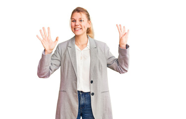Young beautiful blonde woman wearing elegant jacket showing and pointing up with fingers number...