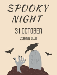 Obraz premium Halloween event. Zombie hand popping up from graveyard with tombstone and rowen. All saints day party invitation, poster, template, flyer. Holiday creepy leaflet design. Vector illustration.