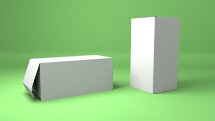 Paper white box 3D illustration mock up. Great for packaging design isolated on green background
