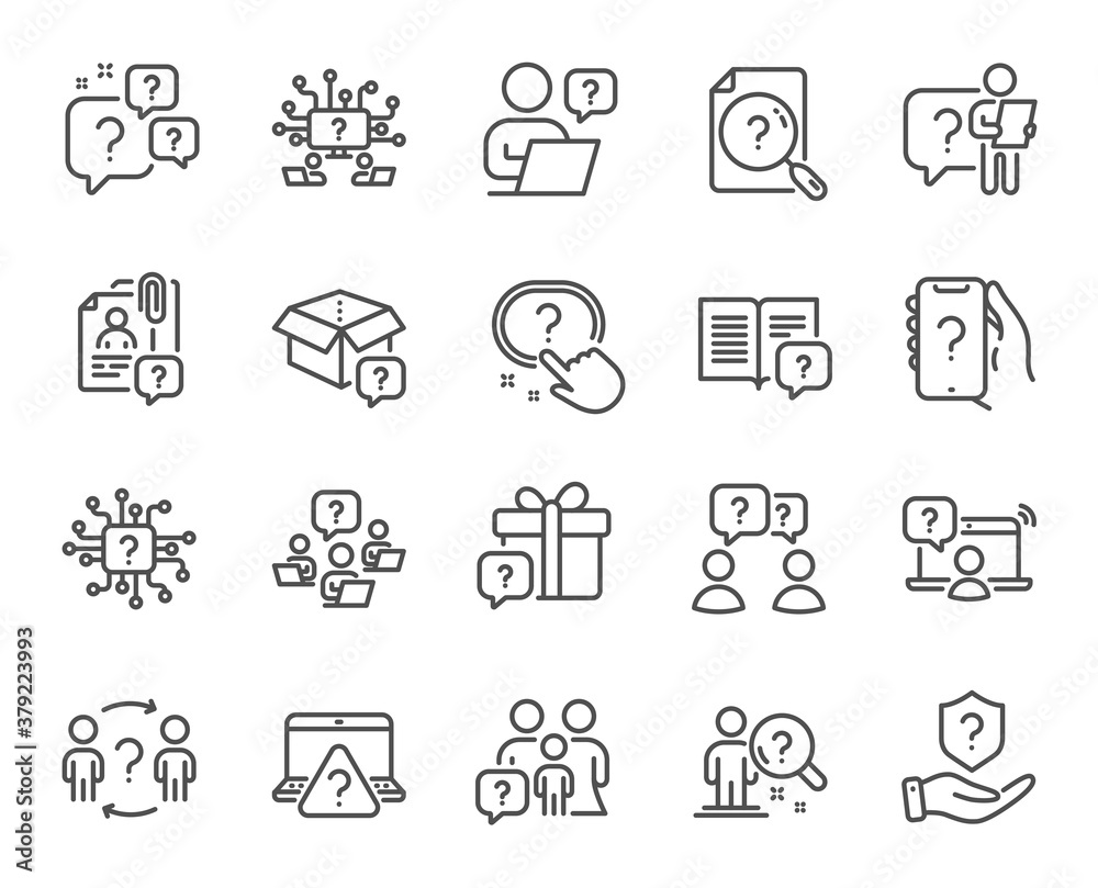 Poster questions line icons. artificial intelligence computer, phone with question mark, problem solve. qui