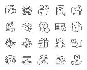 Questions line icons. Artificial intelligence computer, phone with question mark, problem solve. Quiz, faq guide, job interview line icons. Ask person, question bubble, family problem. Vector - obrazy, fototapety, plakaty