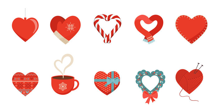 Winter love. Collection of concept icons, elements with red hearts in different shapes: scarf, mug, gift box, mittens and candy. Flat vector icons, isolated on white. Concept Christmas vector design