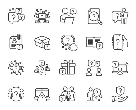 Questions line icons. Artificial intelligence computer, phone with question mark, problem solve. Quiz, faq guide, job interview line icons. Ask person, question bubble, family problem. Vector
