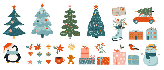 Fototapeta na wymiar Collection of Christmas decorations, holiday gifts, winter knitted woolen clothes, ginger bread, trees, gifts and penguin. Colorful vector illustration in flat cartoon style.