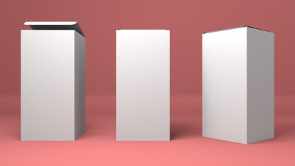 Paper white box 3D illustration mock up. Great for packaging design isolated on pink background