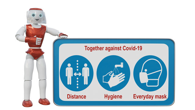 Roboter mit Gesichtsschutz zeigt auf ein Schild mit dem Text: "Gemeinsam gegen Covid-19" und den Symbolen für Abstand, Hygiene und Alltagsmaske. 3d Rendering