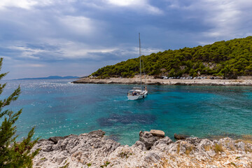 Fascinating natural environment of Hvar island at Pokonji Dol bay, popular nautical and tourist destination in the Adriatic sea, Croatia - obrazy, fototapety, plakaty