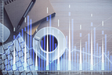 Multi exposure of forex chart drawing and work table top veiw. Concept of financial analysis.