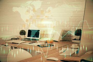 Multi exposure of stock market chart drawing and office interior background. Concept of financial analysis.