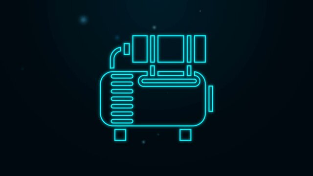Glowing neon line Air compressor icon isolated on black background. 4K Video motion graphic animation