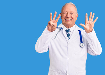 Senior handsome grey-haired man wearing doctor coat and stethoscope showing and pointing up with fingers number eight while smiling confident and happy.