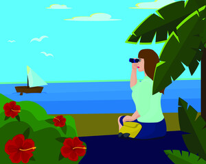 summer marine illustration with a girl looking through binoculars into the distance at the sea boat and seagulls