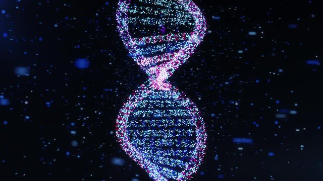 Close up abstract glittering DNA double helix with depth of field animation of DNA construction medical chromosomes physical science blue scientific test code genomic slow motion