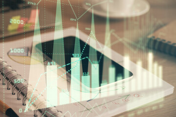 Double exposure of forex chart drawing and cell phone background. Concept of financial data analysis