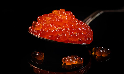 Red caviar in spoon on mirror surface.