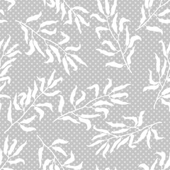 Obraz premium Vector seamless pattern with hand drawn small branches on polka dots. Cute design for wallpaper, fabric, textile, wrapping paper