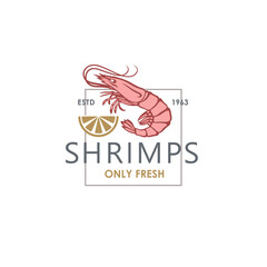 label of fresh shrimp and lemon isolated on white background