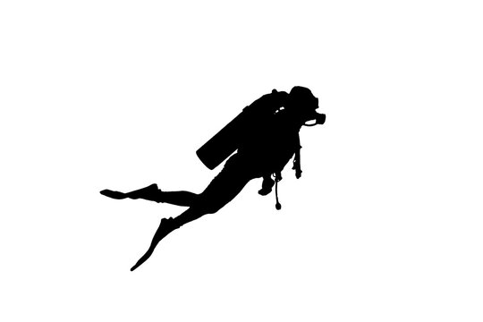 Woman scuba diving in black and white silhouette shape