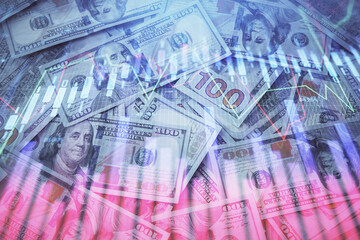 Double exposure of forex graph drawing over us dollars bill background. Concept of financial markets.