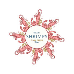 label of fresh shrimps and lemon isolated on white background