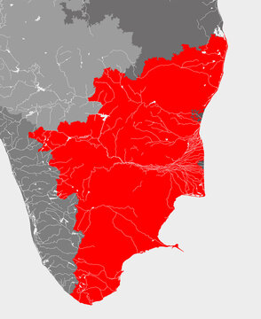 India states - map of Tamil Nadu. Hand made. Rivers and lakes are shown. Please look at my other images of cartographic series - they are all very detailed and carefully drawn by hand WITH RIVERS AND 