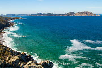 panoramic landscape of Cabo Home in Pontevedra, Galicia, with the Cies Islands