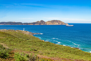 panoramic landscape of Cabo Home in Pontevedra, Galicia, with the Cies Islands