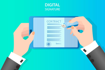 A businessman signs a contract using a tablet computer and a digital signature.Business activity concept of successful negotiations and agreements.Flat vector illustration.