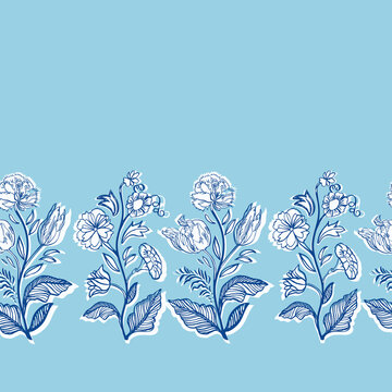 Blue retro antique floral botany border. Vintage kitchen, hand drawn floral bouquet design. Line art florals on cut out shape, blue background. Elegant nature background. Perefect for kitchen ware