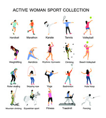 Fototapeta na wymiar Sport woman vector collection in different sport discipline. Big set active sport people illustration. Girl athlete skills. Female health care concept. Training and work out lady in gym or outdoor.