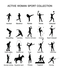 Sport woman vector silhouette collection in different sport discipline. Big set active sport people. Girl athlete skills. Female health care concept. Training and work out lady in gym or outdoor.