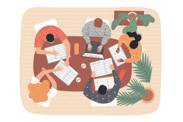 Group of students at the table are studying. Top view.