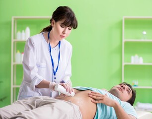 Fototapeta premium Young man visiting radiologyst for ultrasound procedure