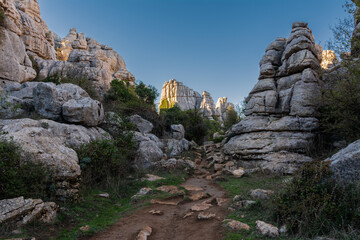 Path through the rocks of El Torcal in Malaga. Path for hiking.