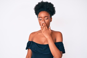 Young african american woman wearing casual clothes bored yawning tired covering mouth with hand. restless and sleepiness.