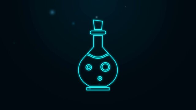 Glowing neon line Glass bottle with magic elixir icon isolated on black background. Computer game asset. 4K Video motion graphic animation
