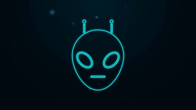 Glowing neon line Alien icon isolated on black background. Extraterrestrial alien face or head symbol. 4K Video motion graphic animation