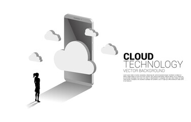 silhouette of businesswoman with 3D cloud and mobile phone. concept of cloud computing technology,server, Storage and data