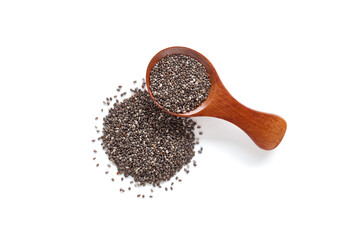 Chia seeds in wodden spoon, isolated on white background