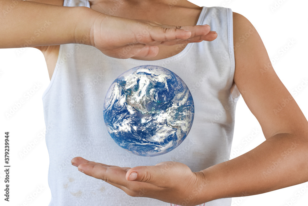 Sticker globe, earth in child hand isolated on white background with clipping path. elements of this image f