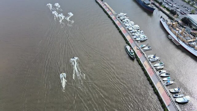 Aerial view of delaware river with boardwalk in the beautiful marina brightly colored sidewalk along Philadelphia PA USA