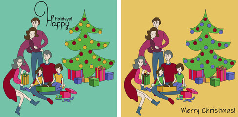 Merry Christmas and happy new year greeting card, banner, poster flat design, vector illustration, family exchanging gifts