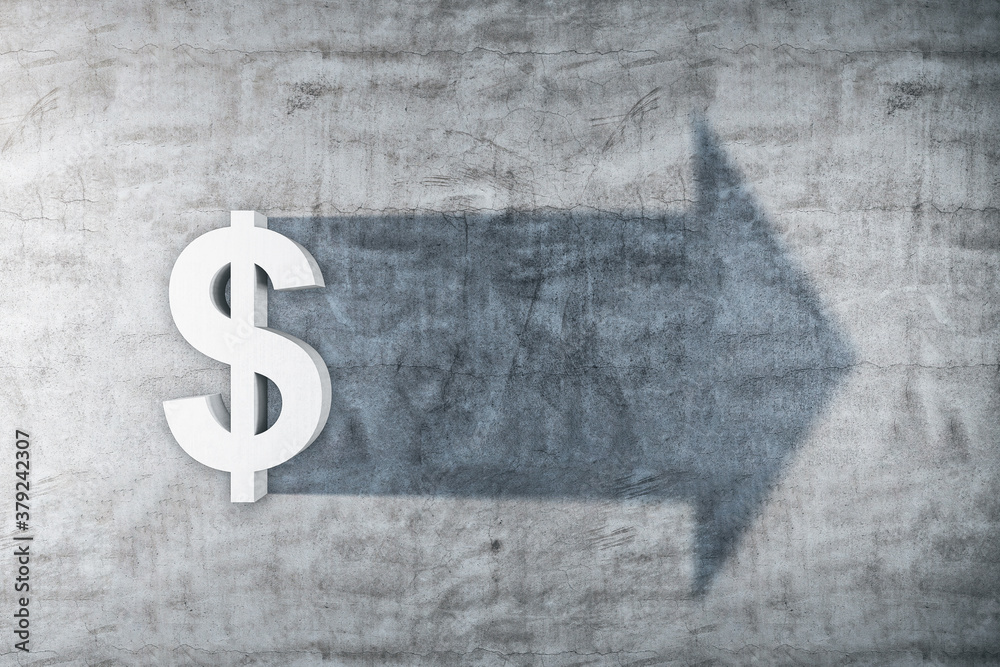 Poster white dollar symbol with shadow in form arrow