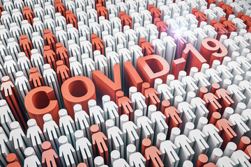 Fototapeta premium Red corona virus text with people sign.