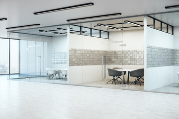 Conference interior with abstract tiles on wall