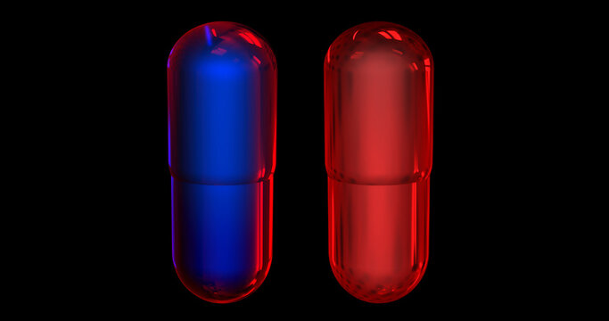 3D Illustration Of Blue Pill On The Left And Red Pill On The Right In Front Of Black Background. Concept Of Choice