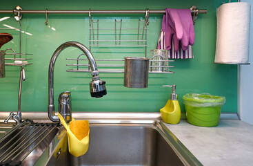 Kitchen sink with faucet. Workspace for washing