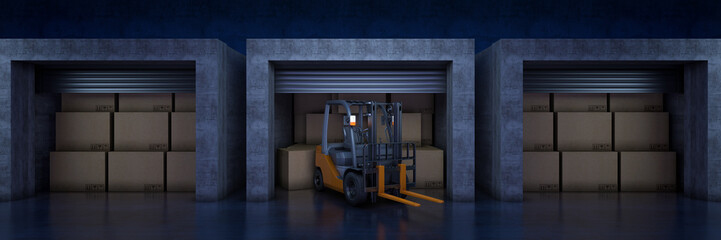 Forklift truck in warehouse or storage loading cardboard boxes. 3d rendering

