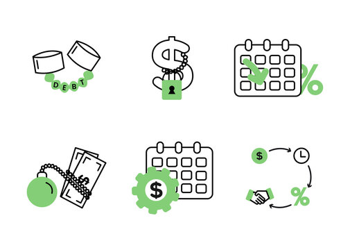 Finance. Vector Illustration Set Of Debt Icons, Debt Restructuring